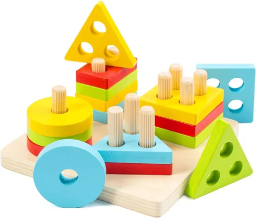 WOOD CITY Juguetes de clasificación y apilamiento de madera Montessori para niños pequeños de 1, 2, 3 años, rompecabezas educativos de