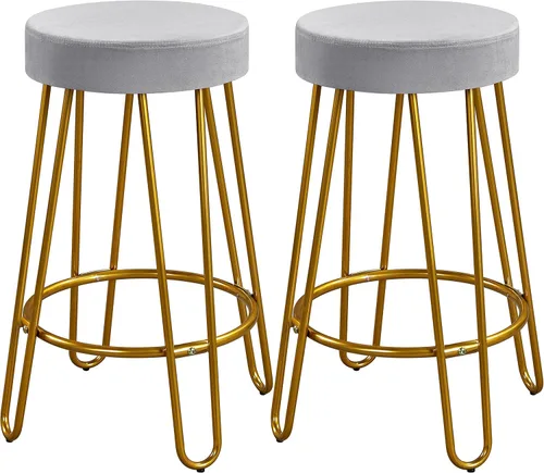 Miniatura 12 de Yaheetech Juego de 2 taburetes de bar, taburetes redondos de terciopelo, sillas de bar de altura de mostrador sin respaldo con patas doradas