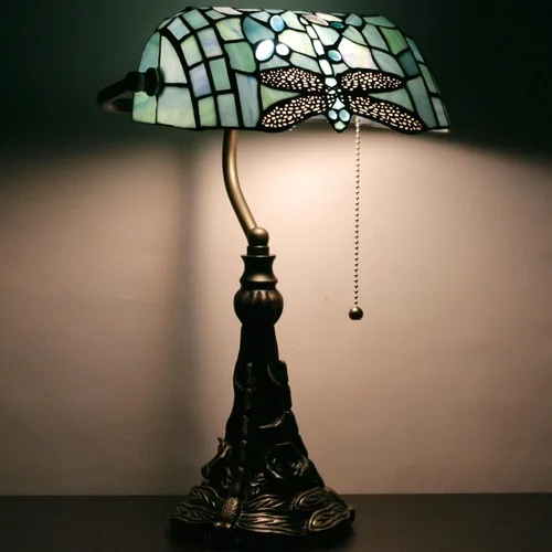 Tiffany Banker - Lámpara de mesa pequeña con vitrales, estilo Tiffany, luz de piano, azul mar, libélula de escritorio, ángulo ajustable, 10.6 x 15.7