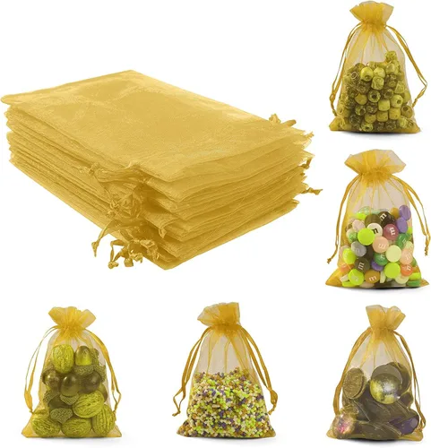 Miniatura 5 de ANZNKU 50 bolsas de organza dorada de alta calidad de 5 x 7 pulgadas, bolsas de malla con cordón, bolsa de regalo tamaño pequeño, bolsa de organza