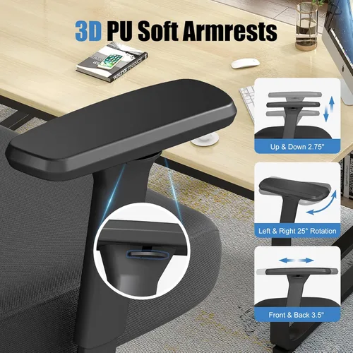 Miniatura 5 de Silla de oficina ergonómica con soporte lumbar ajustable, brazos y reposacabezas 3D, respaldo alto, silla de computadora de escritorio ancha