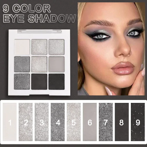 Miniatura 3 de evpct Paleta de sombra de ojos con 9 colores, gris plateado con purpurina, sombra de ojos brillante y ahumada en negro, gris plateado y blanco D-9