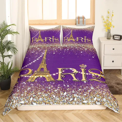 Miniatura 25 de Erosebridal Funda de edredón de la Torre Eiffel para niñas, juego de ropa de cama romántica de París azul, negro y blanco, funda de edredón