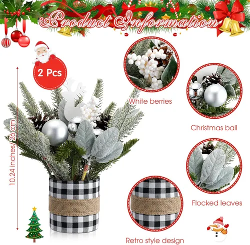Miniatura 2 de 2 piezas de centro de mesa de Navidad a cuadros de búfalo árbol de mesa de Navidad, mini decoración artificial de mesa, centro de mesa pequeño