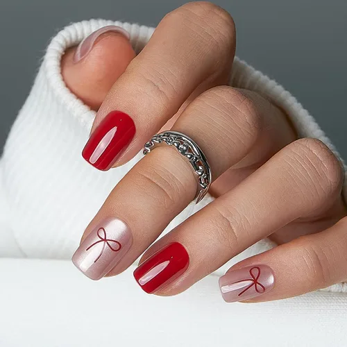 Miniatura 7 de Uñas a presión CurvLife cortas cuadradas Beige, Blancas, Rosas, Uñas postizas falsas acrílicas con diseño de albaricoque, uñas de cobertura completa