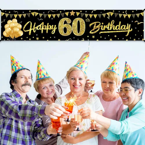 Miniatura 5 de Cartel de feliz cumpleaños 60 para hombres y mujeres, letrero de cumpleaños número 60 negro y dorado, suministros de fiesta para patio, divertida