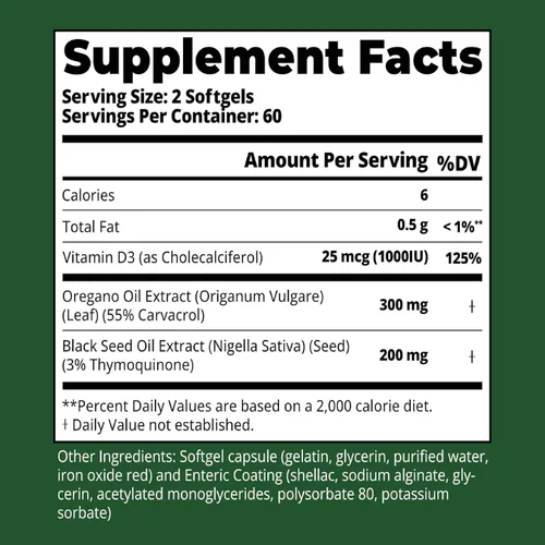 Miniatura 10 de HiWell Absorfyx Aceite de orégano con aceite de semilla negra y vitamina D3: 55% de Carvacrol, equivalente a 30,000 mg de hoja de orégano, cápsulas