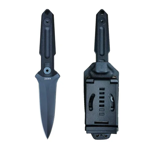 hyhy - Cuchillo de hoja fija táctico, cuchillo recto de doble filo, cuchillo de supervivencia, mango de acero 440C 59HRC G10, con funda Kydex y clip