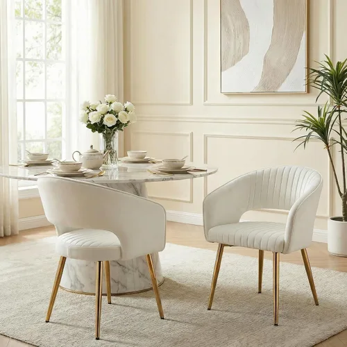 Miniatura 22 de Juego de 2 sillas de comedor modernas, tapizadas de piel sintética dorada con respaldo hueco, sillas de cocina con reposabrazos decorativos