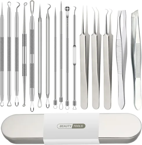 Kit de herramientas para reventar espinillas, 16 herramientas para eliminar puntos negros, juego de pinzas profesionales, extractor de comedones,