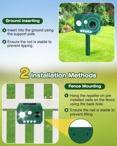 Miniatura 6 de Repelente solar ultrasónico de animales al aire libre, paquete de 2 repelentes de ciervos para exteriores con sensor de movimiento PIR y flash LED