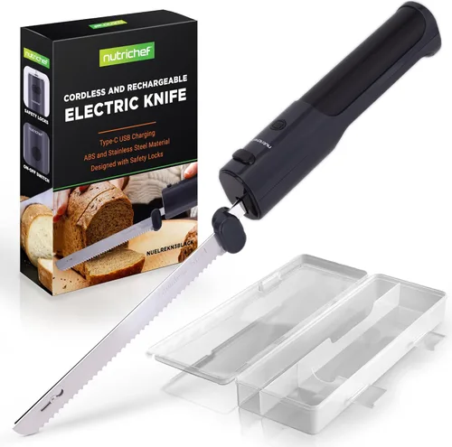 NutriChef Cuchillo Eléctrico Inalámbrico | Fácil de Usar Función de Seguridad Constante ENCENDIDO/APAGADO | Cuchillo de Cocina Liviano | Para Carvar