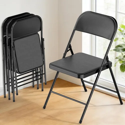 Paquete de 4 sillas plegables negras con cojín acolchado y respaldo, cómodo asiento acolchado con marco de metal duradero, silla plegable apilable