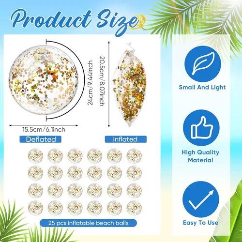 Miniatura 2 de Hungdao 25 bolas inflables de playa con purpurina de 8 pulgadas, mini bola de confeti flotante transparente para niños, pelota de fiesta temática