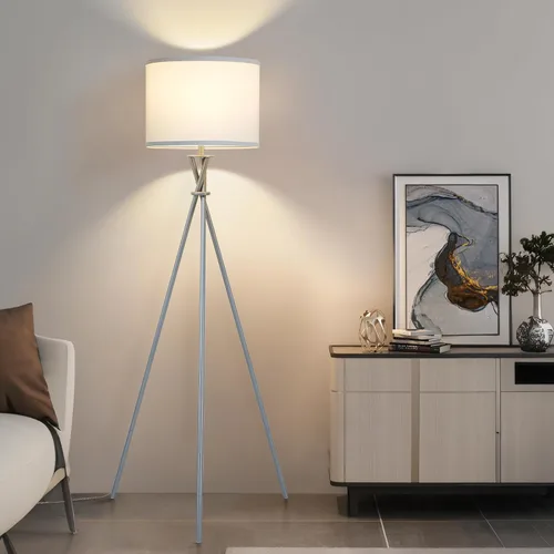 Miniatura 11 de Lámpara de pie para sala de estar, 61 pulgadas, moderna lámpara de pie trípode con pantalla blanca e interruptor giratorio, lámpara de pie negra
