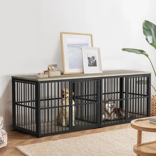 Miniatura 11 de Lyromix 94.48'' Mueble de jaula para perros de raza grande con soporte para TV de dos habitaciones, mesa auxiliar de jaula para perros de madera