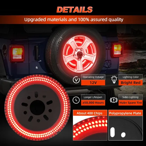 Miniatura 7 de SUPAREE Luz de freno de neumático de repuesto de 3 lados, luz LED de rueda de 400 PCS, tercera luz de freno Plug-N-Play que se ajusta para Jeep JL
