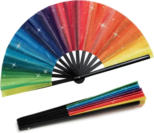 Miniatura 11 de Hasina Ventilador de mano plegable grande con purpurina, ventilador de mano plegable de bambú para hombres y mujeres, diseño brillante para fiestas