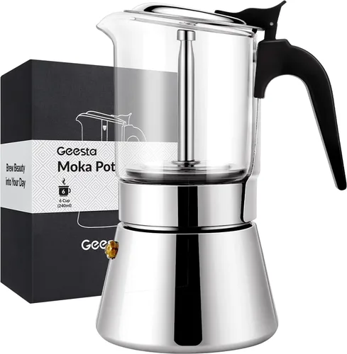 Geesta Premium Cafetera de Espresso para Estufa con Tapa de Cristal - 4/6/9 Tazas - Cafetera de Acero Inoxidable - 240ml/8.5oz/6 tazas (taza de