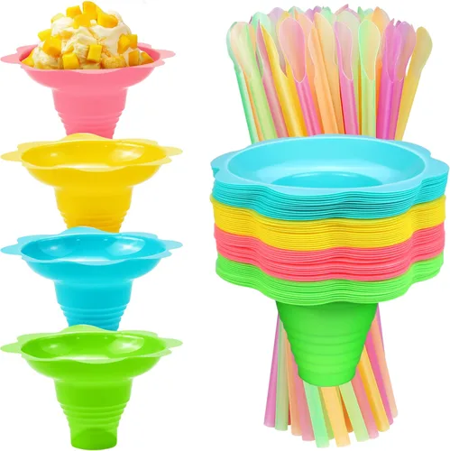 Oomcu 50 tazas de cono de nieve de flores coloridas con pajitas de cuchara, pequeños conos de goteo de hielo afeitado de plástico, suministros de