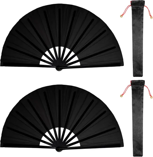 Nydotd Paquete de 2 ventiladores plegables de mano grandes para fanáticos rave, tela de nailon plegable con funda de soporte para hombres y mujeres,