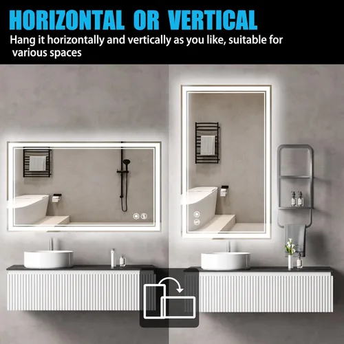 Miniatura 7 de Espejo LED de 48 x 28 pulgadas para baño, espejo de baño sin niebla, con luces LED, regulable, 3 colores, luces delanteras y retroiluminadas, espejo