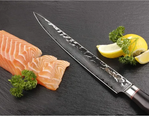 Miniatura 6 de YOUSUNLONG Cuchillo de filete de 10 pulgadas, cuchillo para tallar carne, cuchillo sashimi, 9.6 in, mano izquierda, acero de damasco martillado