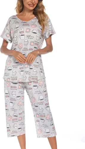 Miniatura 4 de ENJOYNIGHT Conjunto de pijama de algodón para mujer, parte superior de manga corta y pantalones capri, ropa de dormir de 2 piezas