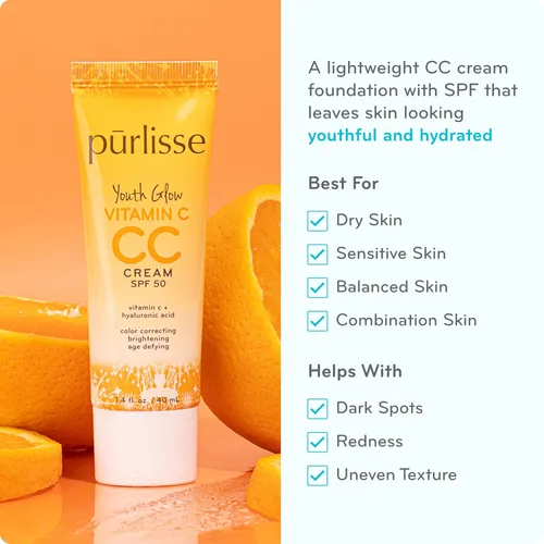 Miniatura 2 de pūrlisse Youth Glow Vitamin C CC Cream SPF 50 - Hidratante teñido con acabado radiante - Fórmula coreana para el cuidado de la piel con ácido Claro