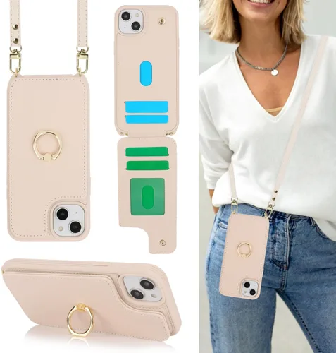 Miniatura 24 de Lipvina Funda para iPhone 14 Plus con tarjetero y correa para mujer, cordón cruzado, bloqueo RFID, soporte de anillo de soporte, cierre a presión