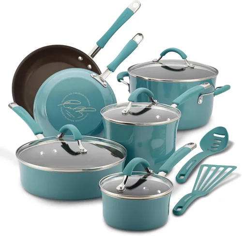 Rachael Ray Cucina Juego de Utensilios de Cocina Antiadherentes Ollas y Sartenes, 12 Piezas, Azul Agave