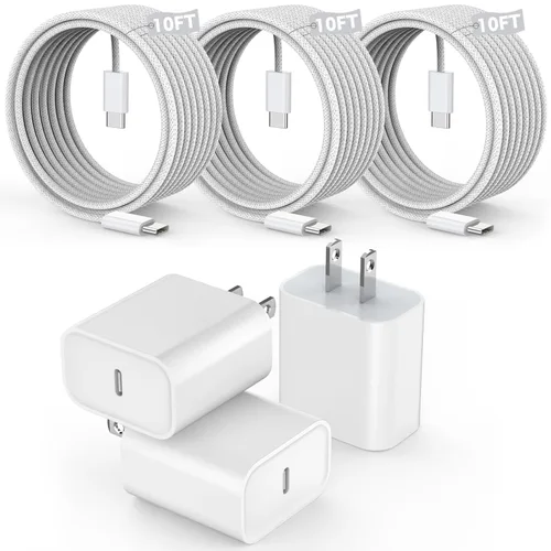 [Paquete de 3] Cargador largo de 10 pies para iPhone 17 16e 15, bloque de cargador de pared de carga rápida de 20W, cable trenzado tejido USB C a C
