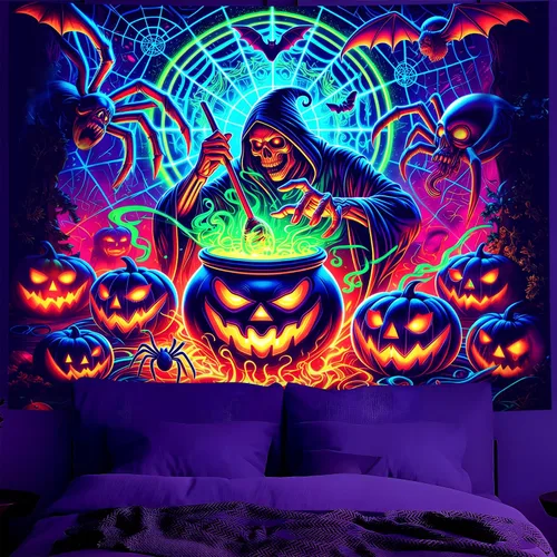 Miniatura 37 de BVBOX Tapiz de Halloween con luz negra, reactivo a los rayos UV que brilla en la oscuridad, póster de tapiz trippy con luz negra para sala de estar