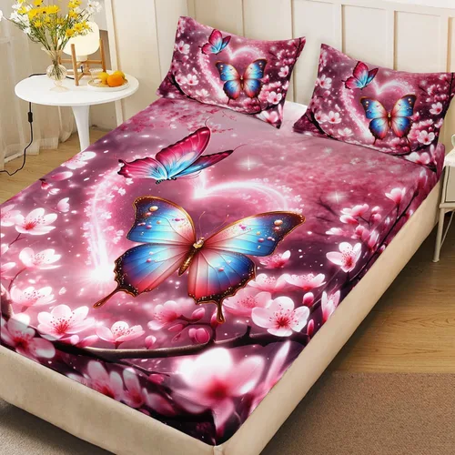 Miniatura 2 de AILONEN Juego de sábanas bajeras de mariposa y mariposa para niñas, juego de ropa de cama con diseño de mariposas y cerezos rosados, para regalo