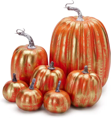 Miniatura 5 de Lizxun 7 calabazas artificiales de Halloween de espuma de imitación de calabaza naranja, calabazas de espuma de cosecha de otoño para otoño, Acción