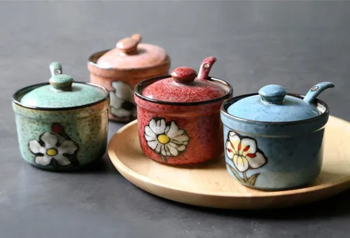 Miniatura 7 de Azucarero de cerámica hecho a mano con tapa y cuchara, tarro de condimento de porcelana de 9 onzas con diseño floral pintado a mano, recipiente