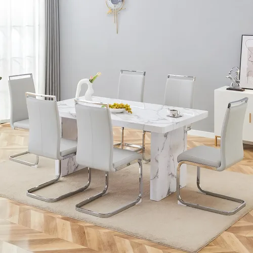 Miniatura 65 de gopop Mesa de comedor de mármol de 63 pulgadas, tablero de mesa de comedor MDF con patrón de mármol y base para cocina y comedor.