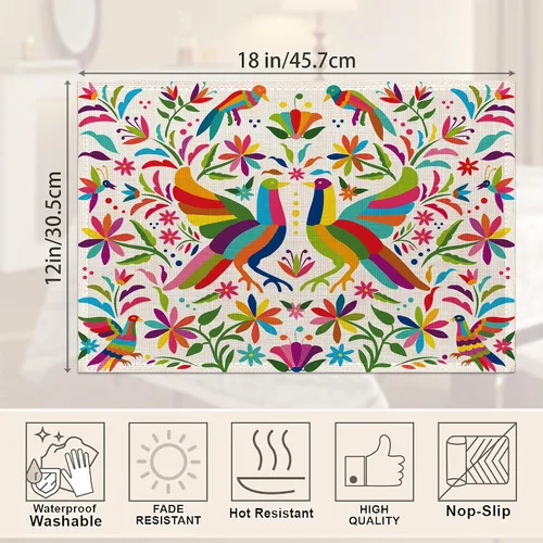 Miniatura 2 de Juego de 6 manteles individuales coloridos con diseño de pájaro mexicano, de lino étnico, lavables, resistentes al calor, para cocina, comedor