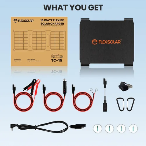 Miniatura 7 de FlexSolar Kits de mantenimiento de cargador de goteo de panel solar plegable de 15 W, salida USB y CC de 12 V con controlador integrado, incluye