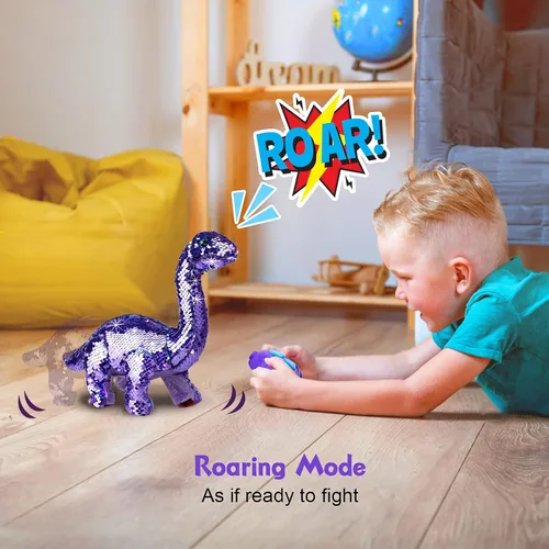 Miniatura 4 de Koonie Juguetes de dinosaurio para niñas, juguetes para niñas de 2 años, dinosaurio morado, control remoto, reversible, con lentejuelas, juguete