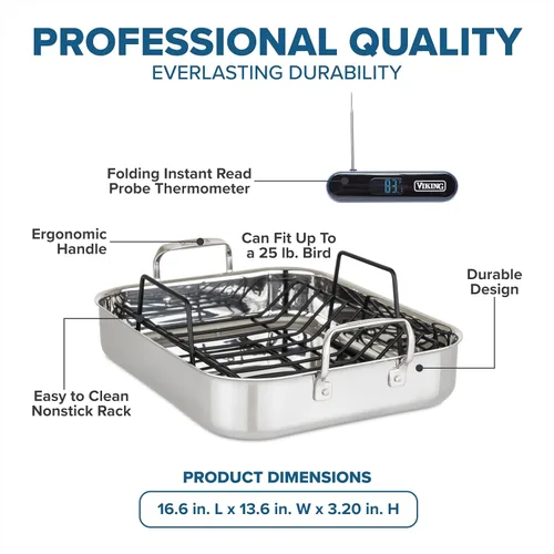 Miniatura 4 de Viking Bandeja para Asar de Acero Inoxidable de 3 Capas con Rejilla Antiadherente, Utensilios de Cocina de 16 x 13 Pulgadas, Excelente para Pavo