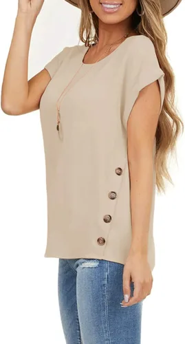 Miniatura 2 de Limerose Camiseta de manga corta para mujer, cuello redondo, botones laterales, estilo casual, holgada