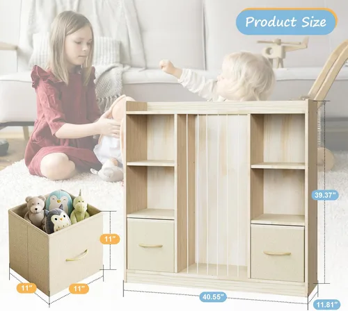 Miniatura 2 de EXPERLAM Organizador de almacenamiento de juguetes 4 en 1 con almacenamiento de animales de peluche, estantería de pino macizo para niños y estante