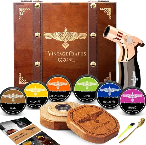 Kit de Ahumador de Cócteles iEZZONE con Antorcha, Kit de Ahumador de Whisky/Bourbon/Estilo Antiguo con Antorcha, 6 Sabores de Astillas de Madera,