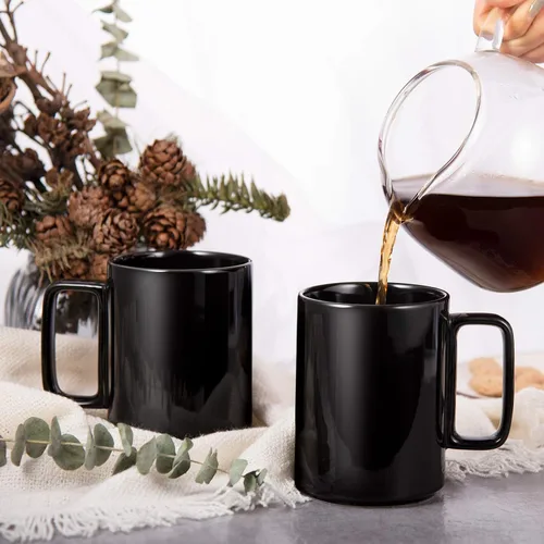 Miniatura 7 de E-liu Juego de 6 tazas de café de porcelana, tazas grandes de 16 onzas para café, té, cacao y bebidas calientes, color negro