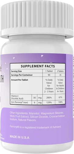 Miniatura 6 de Suplemento de hierro masticable para niños, hierro carbonílico Ferronyl® 9 mg, vitamina C 30 mg, sabor a uva, 90 tabletas (2 botellas)