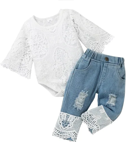 Conjunto de ropa de bebé niña para bebé, mameluco de encaje blanco de manga larga + pantalones de mezclilla