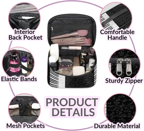 Miniatura 5 de Bolsa de maquillaje grande con diseño de piano para mujer, bolsa de cosméticos de viaje, bolsa de maquillaje portátil para botellas, pinceles, lápiz