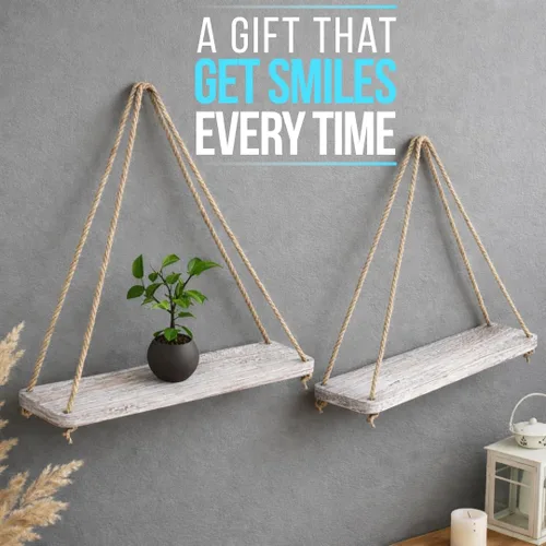 Miniatura 6 de Comfify Estantes colgantes para pared, juego de 2, estantes rústicos bohemios con cuerda, 17 x 5.2 pulgadas, madera real gruesa envejecida, aspecto