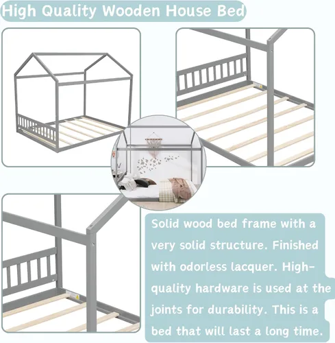 Miniatura 4 de Bellemave Cama de casa Queen con techo de madera, camas Montessori para niños, marco de cama de piso de madera para niñas, niños, adolescentes y Gris